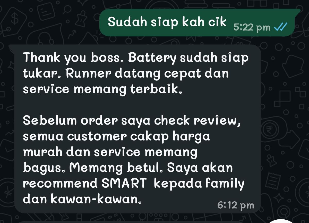 Review pelanggan SMART BATERI KERETA 24 JAM
