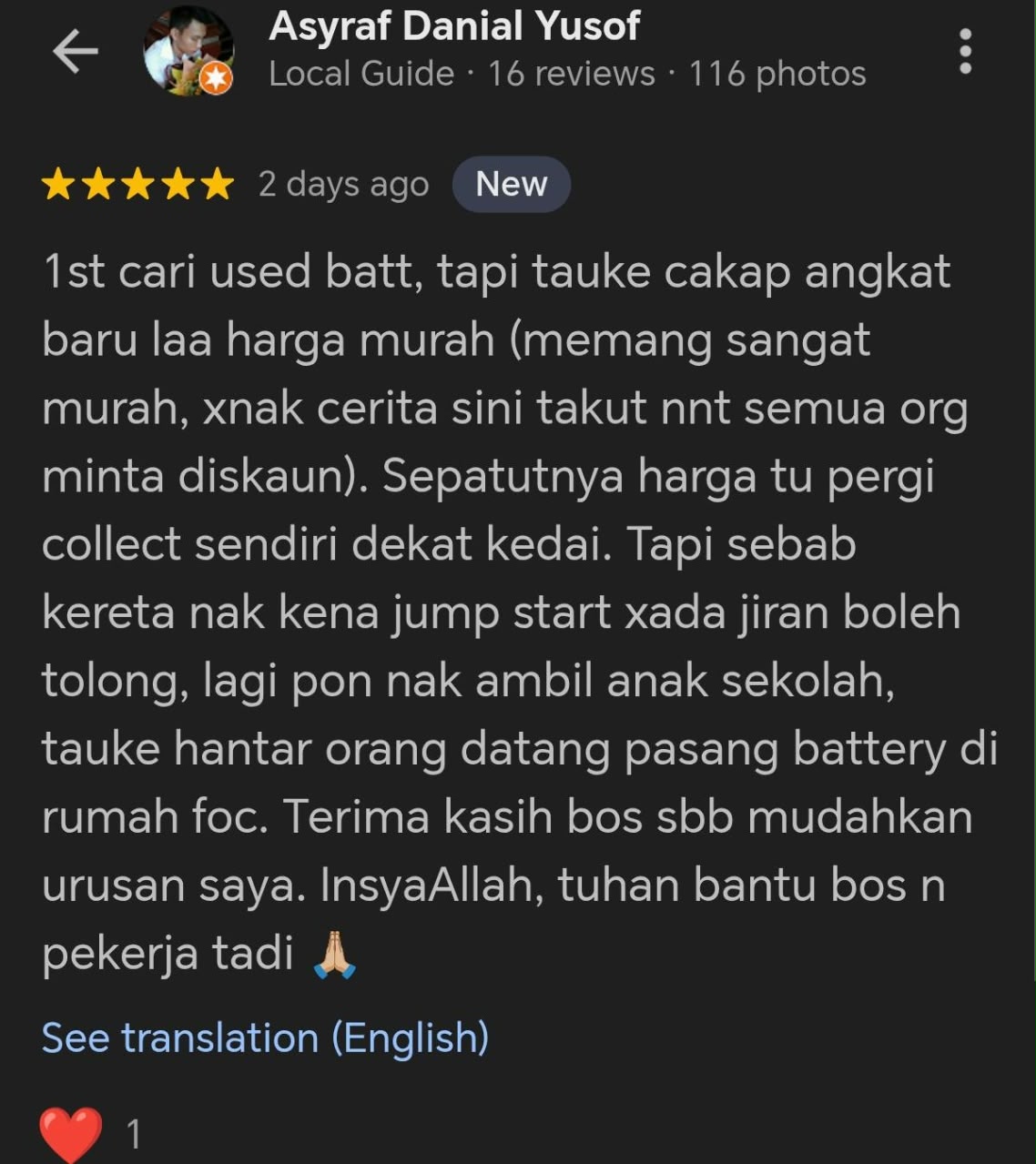 Review pelanggan SMART BATERI KERETA 24 JAM